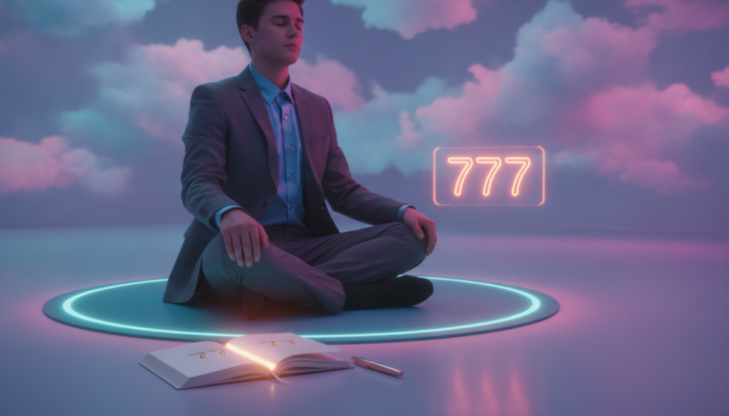 A serene and inspiring scene depicting a young adult in professional business attire, sitting cross-legged on a soft, glowing mat in a tranquil, futuristic room infused with neon colors. In the foreground, an elegant journal and a sleek pen rest beside the individual, embodying the 777 manifestation technique. In the middle, a luminous digital clock shows "777" in glowing neon, symbolizing good luck and intention. The background features soft ambient lighting with abstract dream-like shapes floating gently, enhancing the dreamcore atmosphere. The overall mood is one of calm focus and manifestation. The perspective is slightly elevated, capturing the individual's expression of concentration and hope as they engage in daily practice, reflecting an optimistic and empowering energy.