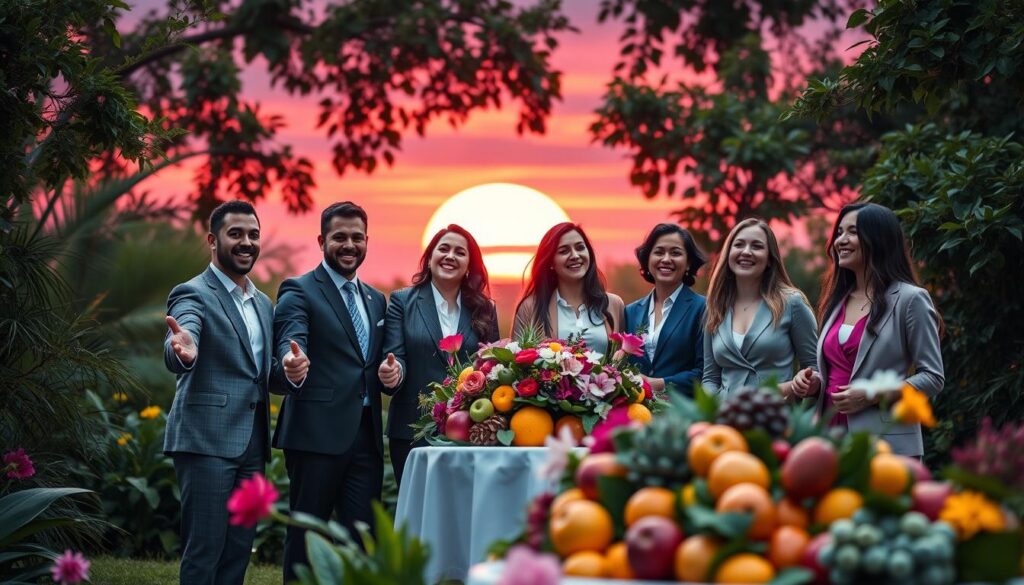 A serene and inspiring scene depicting gratitude and abundance. In the foreground, a diverse group of young adults in professional business attire is gathered in a lush garden, expressing joy and appreciation, holding hands, with radiant expressions. In the middle ground, a beautiful table is set with an overflowing array of colorful fruits and flowers, symbolizing abundance. The background features a glowing sunset sky with neon hues of purple and pink, casting a warm light over the scene, enhancing the mood of positivity and fulfillment. Use a shallow depth of field to focus on the faces and the table while softly blurring the vibrant greenery behind. The atmosphere is uplifting and harmonious, inviting viewers to embrace the concept of gratitude in attracting abundance effortlessly.