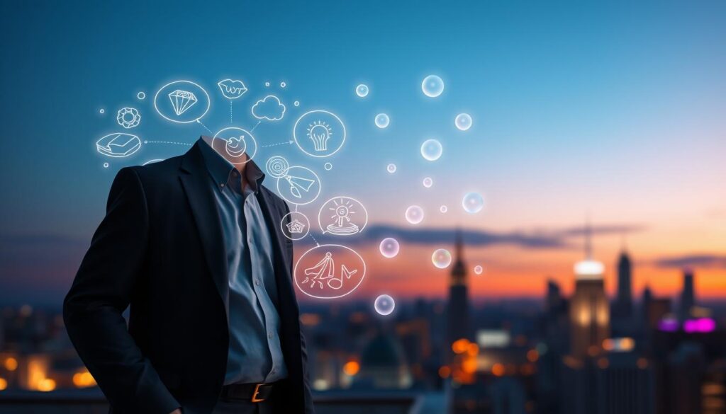A serene and inspiring scene depicting the concept of “soul-aligned goals and inner wisdom.” In the foreground, a wise figure dressed in professional business attire stands confidently, gazing thoughtfully at a glowing vision board filled with dreamlike images representing wealth, happiness, and fulfillment. In the middle ground, ethereal orbs of light float, symbolizing intuition and inspiration, intermingling with vibrant neon colors that add a dreamcore aesthetic. The background features a softly blurred city skyline, bathed in twilight hues that transition from deep blues to soft purples, creating a tranquil ambiance. The overall mood is one of empowerment and clarity, illuminated by gentle ambient lighting that highlights the figure’s expression of inner peace and determination. The composition is shot with a slight upward angle, emphasizing growth and aspiration. A serene and inspiring scene depicting the concept of “soul-aligned goals and inner wisdom.” In the foreground, a wise figure dressed in professional business attire stands confidently, gazing thoughtfully at a glowing vision board filled with dreamlike images representing wealth, happiness, and fulfillment. In the middle ground, ethereal orbs of light float, symbolizing intuition and inspiration, intermingling with vibrant neon colors that add a dreamcore aesthetic. The background features a softly blurred city skyline, bathed in twilight hues that transition from deep blues to soft purples, creating a tranquil ambiance. The overall mood is one of empowerment and clarity, illuminated by gentle ambient lighting that highlights the figure’s expression of inner peace and determination. The composition is shot with a slight upward angle, emphasizing growth and aspiration.