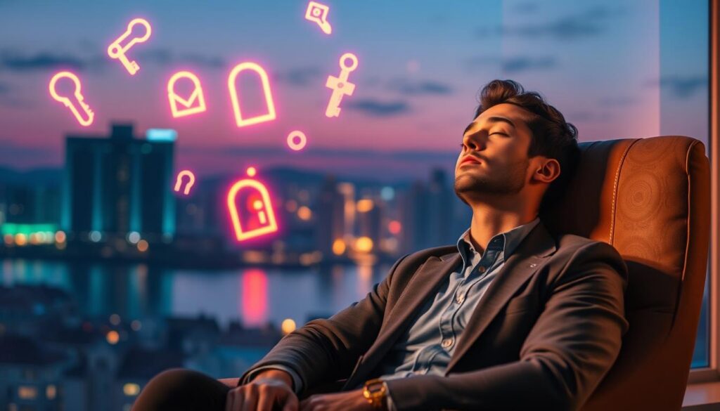 A serene and inspiring scene depicting the essence of "Living in the End" as taught by Neville Goddard. In the foreground, a confident individual in smart casual attire is envisioning their dream life, with eyes closed, seated in a comfortable modern chair, emanating calmness. The middle ground features abstract representations of success: floating symbols like keys, doors, and glowing light that signify opportunity and fulfillment. The background is a vibrant blend of dreamcore aesthetics with neon colors illuminating a tranquil cityscape at twilight, blending blues and purples. Soft, warm lighting focuses on the individual, creating an atmosphere of introspection and possibility, evoking a sense of hope and aspiration. The perspective is slightly elevated, capturing the essence of dreaming big while staying grounded.