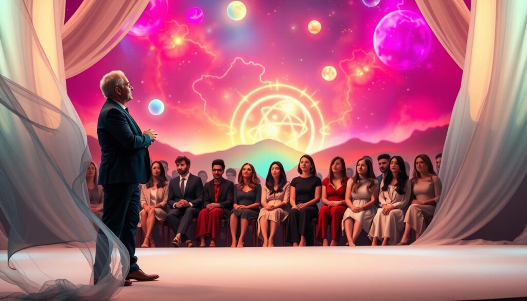 A serene and inspiring scene representing the teachings of Abraham Hicks, featuring a confident speaker in professional business attire, standing on a softly illuminated stage. The foreground showcases the speaker amid flowing, translucent fabrics that symbolize energy and alignment. In the middle ground, a diverse audience of young adults, elegantly dressed in modest casual clothing, listens attentively with expressions of enlightenment, absorbing the wisdom being shared. The background is set against a vibrant, dreamlike landscape bathed in neon colors, with abstract forms representing universal energy and spiritual connections. Soft, ethereal lighting enhances the atmosphere, evoking a sense of calm, hope, and transformation, inviting viewers to embrace the teachings that can shift their reality today.