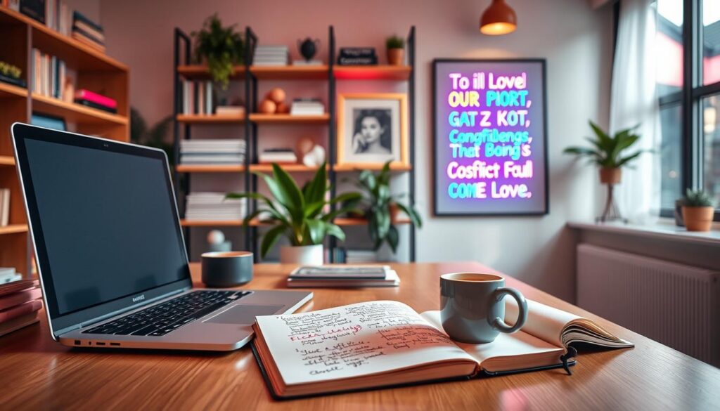 A serene and inspiring workspace adorned with motivational confidence affirmations. In the foreground, a beautifully arranged desk features a sleek, modern laptop, a steaming mug of coffee, and an open notebook filled with handwritten affirmations in colorful ink. The middle layer showcases a stylish plant and a motivational poster on the wall, glowing with vibrant neon colors, radiating a sense of positivity and energy. The background includes soft-focus shelves lined with books and trendy decor, contributing to a dreamcore aesthetic. Soft, warm lighting cascades through a large window, casting gentle shadows that create an inviting atmosphere. The overall mood reflects empowerment and personal growth, appealing to adult Gen Z aesthetics in a high-end magazine advertisement style. A serene and inspiring workspace adorned with motivational confidence affirmations. In the foreground, a beautifully arranged desk features a sleek, modern laptop, a steaming mug of coffee, and an open notebook filled with handwritten affirmations in colorful ink. The middle layer showcases a stylish plant and a motivational poster on the wall, glowing with vibrant neon colors, radiating a sense of positivity and energy. The background includes soft-focus shelves lined with books and trendy decor, contributing to a dreamcore aesthetic. Soft, warm lighting cascades through a large window, casting gentle shadows that create an inviting atmosphere. The overall mood reflects empowerment and personal growth, appealing to adult Gen Z aesthetics in a high-end magazine advertisement style.