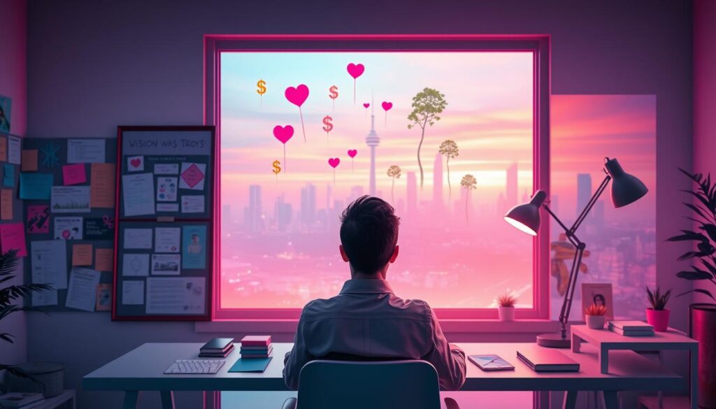 A serene and inspiring workspace filled with vibrant, neon colors reflecting a dreamlike ambiance. In the foreground, a young adult in stylish professional attire is seated at a sleek desk, surrounded by vision boards and notes with visuals of goals. The middle layer features an ethereal glow created by floating symbols of success like dollar signs, hearts, and trees sprouting up, representing various aspirations. In the background, a large window opens to a futuristic skyline with soft pastel hues, hinting at limitless possibilities. Soft, warm lighting emanates from a stylish desk lamp, creating an inviting atmosphere. The overall mood is uplifting and motivational, perfect for illustrating manifestation techniques that support real goals. A serene and inspiring workspace filled with vibrant, neon colors reflecting a dreamlike ambiance. In the foreground, a young adult in stylish professional attire is seated at a sleek desk, surrounded by vision boards and notes with visuals of goals. The middle layer features an ethereal glow created by floating symbols of success like dollar signs, hearts, and trees sprouting up, representing various aspirations. In the background, a large window opens to a futuristic skyline with soft pastel hues, hinting at limitless possibilities. Soft, warm lighting emanates from a stylish desk lamp, creating an inviting atmosphere. The overall mood is uplifting and motivational, perfect for illustrating manifestation techniques that support real goals.