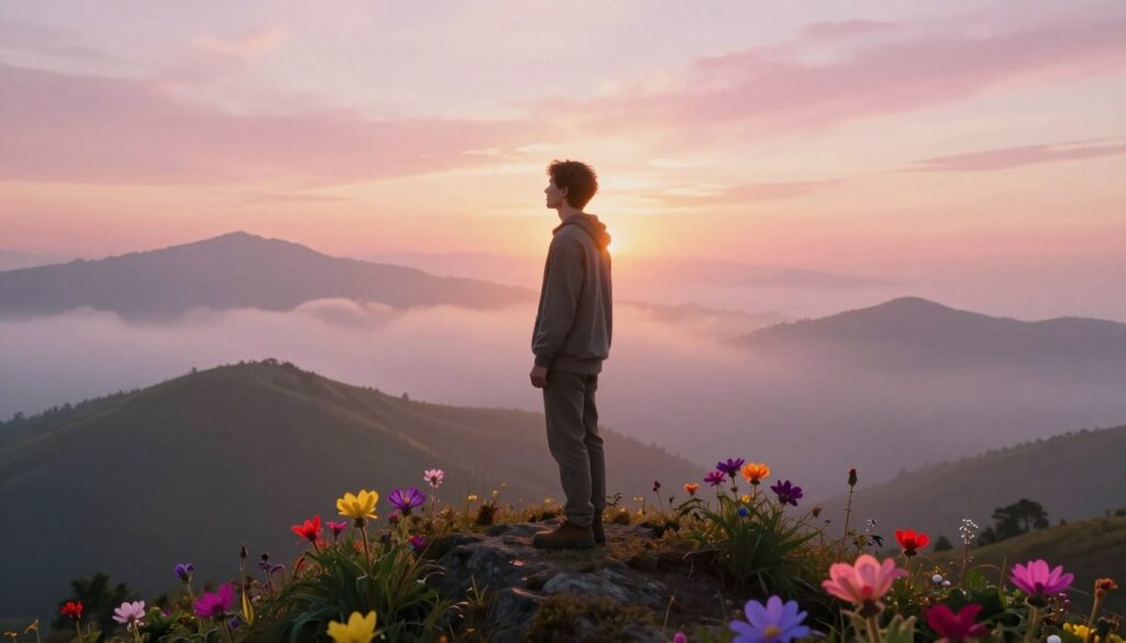 A serene and introspective scene depicting an individual standing atop a misty mountain at sunrise, embodying the theme of spiritual awakening and the search for life purpose. In the foreground, a young Caucasian adult, dressed in modest casual clothing, gazes thoughtfully into the distance, their silhouette softly illuminated by the warm, golden light of dawn. Surrounding them, vibrant neon-colored flowers bloom, symbolizing growth and transformation. In the middle ground, gentle hills unfurl beneath a sky painted in pastel hues of pink and orange, evoking a sense of peace and contemplation. The background features distant mountains shrouded in soft, ethereal clouds, enhancing the dreamcore atmosphere. Capture this moment with a high-angle lens to create depth and amplify the feeling of elevation and elevation, inviting viewers to join in this quest for meaning and purpose.