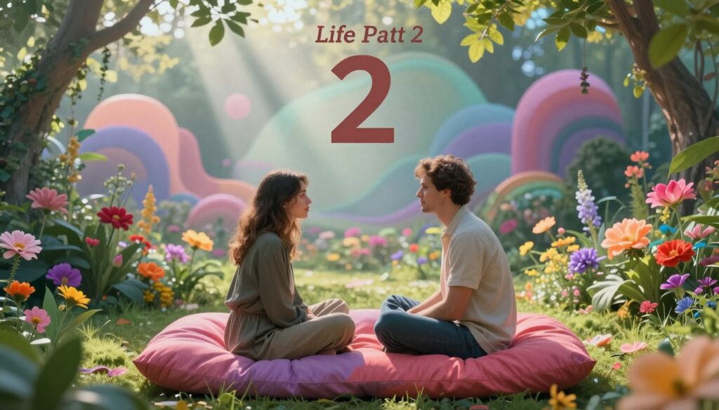 A serene and introspective scene depicting the essence of Life Path Number 2 and the importance of relationship boundaries. In the foreground, two figures, a Caucasian man and woman dressed in stylish, modest casual attire, are seated on a vibrant, oversized cushion, symbolizing connection and comfort. The middle ground features an ethereal garden filled with blooming flowers in neon colors, representing growth and harmony. Ethereal light beams filter through the leaves, creating a gentle glow that enhances the intimate atmosphere. In the background, abstract dreamcore shapes blend seamlessly with the natural elements, symbolizing the complexities of relationships. The mood is calm and reflective, inviting viewers to consider the love lessons of Life Path 2. The image is captured from a slightly elevated angle, emphasizing the connection between the figures within their colorful surroundings. A serene and introspective scene depicting the essence of Life Path Number 2 and the importance of relationship boundaries. In the foreground, two figures, a Caucasian man and woman dressed in stylish, modest casual attire, are seated on a vibrant, oversized cushion, symbolizing connection and comfort. The middle ground features an ethereal garden filled with blooming flowers in neon colors, representing growth and harmony. Ethereal light beams filter through the leaves, creating a gentle glow that enhances the intimate atmosphere. In the background, abstract dreamcore shapes blend seamlessly with the natural elements, symbolizing the complexities of relationships. The mood is calm and reflective, inviting viewers to consider the love lessons of Life Path 2. The image is captured from a slightly elevated angle, emphasizing the connection between the figures within their colorful surroundings.