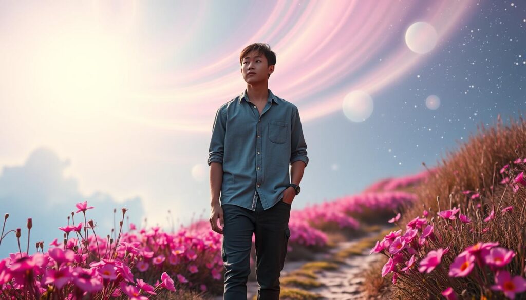 A serene and introspective scene depicting the moment of spiritual awakening, set in an ethereal dreamcore landscape. In the foreground, a professional young adult in modest casual clothing stands on a path, looking contemplative as vibrant neon flowers bloom around them. The middle ground features soft, glowing orbs of light floating in the air, symbolizing life purpose and enlightenment. The background reveals a surreal sky with radiant swirls of pastel colors merging into a starry night, creating a sense of infinite possibility. Soft, diffused lighting adds a warm, inviting atmosphere, while the angle captures a slightly elevated viewpoint, emphasizing the journey ahead. The overall mood is one of longing and discovery, resonating with the theme of searching for deeper meaning in life.