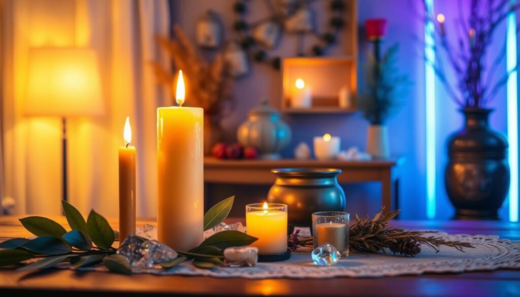 A serene and inviting candle preparation scene for a bay leaf ritual, set in a softly lit, cozy room. In the foreground, a beautifully arranged altar with three elegant candles of varied heights, glowing warmly in shades of amber and gold. Surrounding the candles are fresh bay leaves and delicate crystals, reflecting a harmonious energy. The middle ground features a wooden table adorned with ethereal elements like a small cauldron and fragrant herbs, enhancing the ritual's ambiance. In the background, softly blurred shadows of mystical decor and vibrant neon colors create an enchanting atmosphere. The lighting is soft yet vibrant, reminiscent of a high-end magazine ad, capturing a calm, inviting mood that appeals to a modern audience. A serene and inviting candle preparation scene for a bay leaf ritual, set in a softly lit, cozy room. In the foreground, a beautifully arranged altar with three elegant candles of varied heights, glowing warmly in shades of amber and gold. Surrounding the candles are fresh bay leaves and delicate crystals, reflecting a harmonious energy. The middle ground features a wooden table adorned with ethereal elements like a small cauldron and fragrant herbs, enhancing the ritual's ambiance. In the background, softly blurred shadows of mystical decor and vibrant neon colors create an enchanting atmosphere. The lighting is soft yet vibrant, reminiscent of a high-end magazine ad, capturing a calm, inviting mood that appeals to a modern audience.