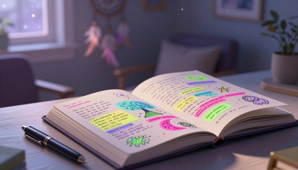 A serene and inviting dream journal lying open on a softly lit desk, the pages filled with beautifully handwritten notes and doodles in vibrant neon colors. In the foreground, an elegant pen rests next to the journal, hinting at the act of writing. The middle layer showcases a cozy chair nearby with a subtle dreamcatcher hanging from the wall, its feathers gently swaying in a light breeze. A dreamy, ethereal glow permeates the scene, created by ambient lighting that suggests twilight, casting soft shadows across the space. In the background, faint silhouettes of stars twinkle through a window, enhancing the mystical essence of lucid dreaming. The atmosphere is tranquil and inspirational, evoking a sense of introspection and creativity.
