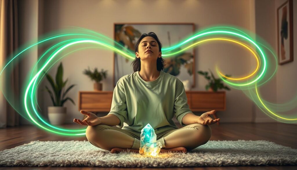 A serene and inviting energy healing session focused on unblocking wealth mindset. In the foreground, a professional adult Gen Z individual sits cross-legged on a plush rug, wearing modest casual clothing, eyes closed in deep concentration. Surrounding them, vibrant neon energy waves swirl, depicted in shades of green and gold, symbolizing prosperity. In the middle ground, a glowing crystal or two catch the light, placed strategically to amplify the healing energy. The background features a softly lit, modern space with calming decor like plants and gentle abstract art, enhancing the atmosphere of abundance and positivity. The lighting is warm and ethereal, casting a soft glow on the scene, creating a tranquil and uplifting mood reminiscent of a high-end magazine advertisement. A serene and inviting energy healing session focused on unblocking wealth mindset. In the foreground, a professional adult Gen Z individual sits cross-legged on a plush rug, wearing modest casual clothing, eyes closed in deep concentration. Surrounding them, vibrant neon energy waves swirl, depicted in shades of green and gold, symbolizing prosperity. In the middle ground, a glowing crystal or two catch the light, placed strategically to amplify the healing energy. The background features a softly lit, modern space with calming decor like plants and gentle abstract art, enhancing the atmosphere of abundance and positivity. The lighting is warm and ethereal, casting a soft glow on the scene, creating a tranquil and uplifting mood reminiscent of a high-end magazine advertisement.