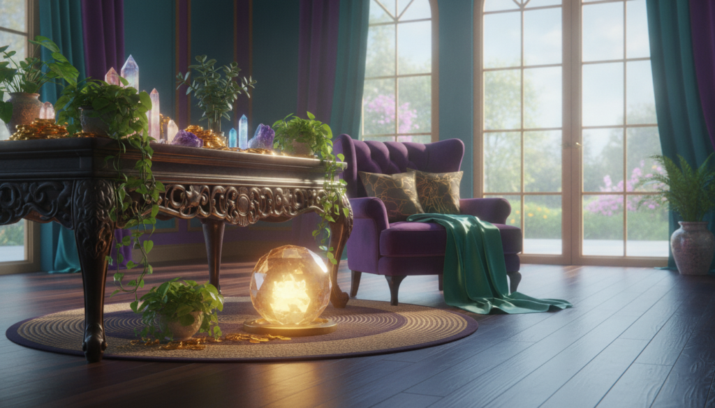 A serene and inviting feng shui wealth corner, featuring an ornate wooden table adorned with lush green plants, shimmering gold coins, and crystals that reflect the light. In the foreground, a glowing crystal orb radiates soft, golden light, symbolizing prosperity and energy flow. The middle ground showcases a cozy, elegantly decorated room with rich fabrics in deep purples and greens, creating a harmonious atmosphere. In the background, large, ethereal windows allow natural light to pour in, casting gentle shadows and illuminating the space. The overall mood is tranquil and aspirational, evoking a sense of abundance and positive energy. The scene should be depicted in high-resolution, with vibrant neon colors and smooth gradients, resembling a high-end magazine advertisement. A serene and inviting feng shui wealth corner, featuring an ornate wooden table adorned with lush green plants, shimmering gold coins, and crystals that reflect the light. In the foreground, a glowing crystal orb radiates soft, golden light, symbolizing prosperity and energy flow. The middle ground showcases a cozy, elegantly decorated room with rich fabrics in deep purples and greens, creating a harmonious atmosphere. In the background, large, ethereal windows allow natural light to pour in, casting gentle shadows and illuminating the space. The overall mood is tranquil and aspirational, evoking a sense of abundance and positive energy. The scene should be depicted in high-resolution, with vibrant neon colors and smooth gradients, resembling a high-end magazine advertisement.