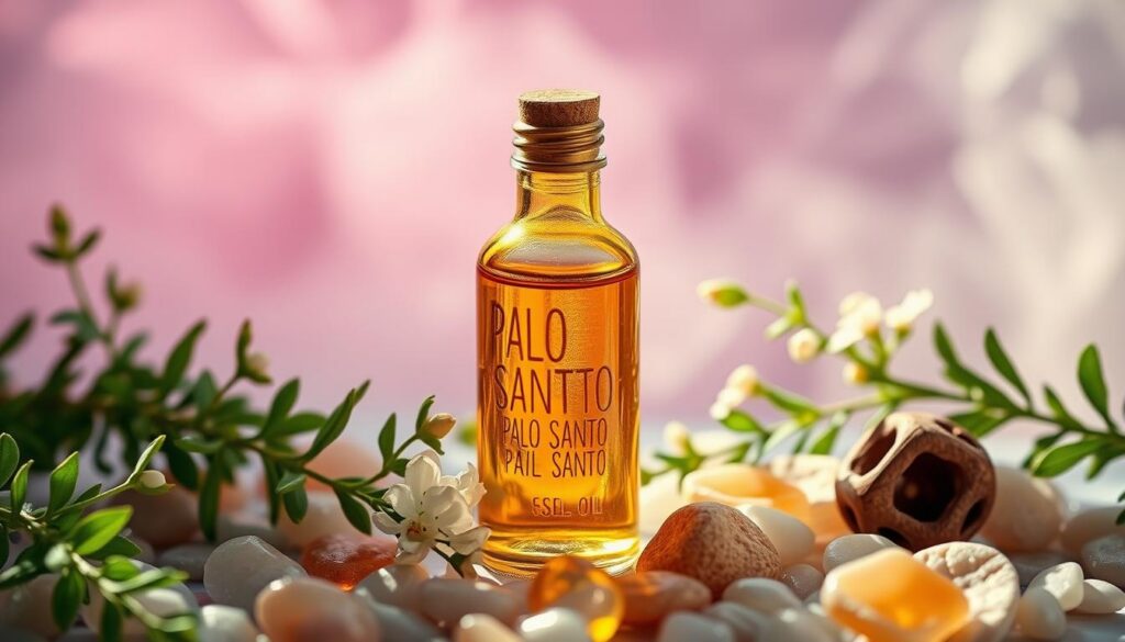 A serene and inviting flat lay scene featuring a bottle of palo santo essential oil, elegantly displayed among vivid greenery and soft, pastel-colored stones. In the foreground, the glass bottle glistens under soft, natural light, showcasing its rich amber hue. Surrounding it, small sprigs of palo santo wood and delicate white flowers add a touch of nature. The background features a misty ambiance with hints of dreamy, neon colors that subtly evoke a high-end magazine aesthetic. The composition exudes a tranquil and rejuvenating atmosphere, inviting the viewer to explore the potential benefits of palo santo oil for body care. The lighting is soft yet vibrant, with a focus on relaxation and wellness.