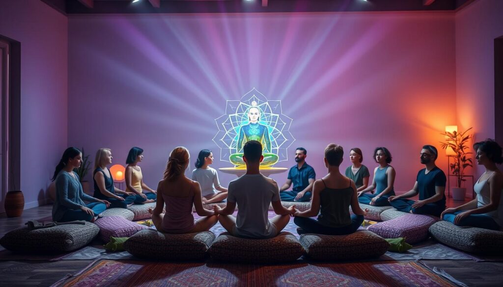 A serene and inviting meditation space filled with vibrant colors representing the chakras, including deep purples, calming blues, radiant greens, and warm oranges. In the foreground, a diverse group of adults in modest casual attire sits in a circle on soft, textured cushions, each person with a calm expression, eyes closed, and their hands resting on their knees. The middle ground features a glowing chakra diagram radiating energy, with light beams extending toward each participant. The background showcases a softly illuminated room with gentle, ambient lighting, perhaps a few plants and crystals, creating a peaceful, dreamcore atmosphere. The composition captures a sense of mindfulness and tranquility, emphasizing the harmony between mind, body, and space, with a focus on awakening and preparation.