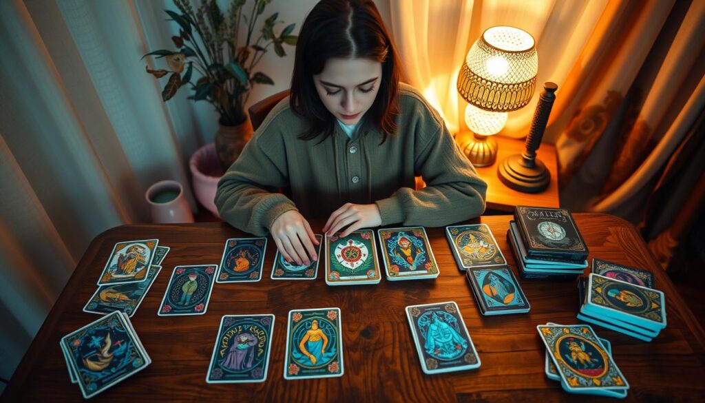 A serene and inviting scene centered around a young adult in cozy, modest casual clothing seated at a beautifully crafted wooden table. The foreground features an array of ornate tarot and oracle decks, arranged aesthetically with vibrant, dreamcore-inspired art featuring neon colors. In the middle, the individual attentively inspects the decks, thoughtfully considering which resonates with their energy. Subtle lighting, soft and warm, emanates from a vintage lamp nearby, casting a gentle glow over the cards. The background includes ethereal decor with plants and softly draped fabrics, contributing to a mystical atmosphere. The overall mood is contemplative and uplifting, capturing the essence of personal connection to tarot. The angle is slightly overhead, enhancing the focus on the decks and the serene setting.
