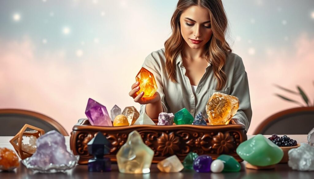 A serene and inviting scene depicting a woman in modest casual attire, gently selecting healing crystals from a beautifully arranged display. The foreground features a variety of vividly colored crystals—amethyst, citrine, and green jade—gleaming under soft, ambient lighting. In the middle, an elegant wooden table with intricate carvings holds the crystals, while the woman, with a focused expression, holds a radiant citrine in her hand, symbolizing wealth attraction. The background features ethereal dreamlike elements in soft pastel hues, with gentle gradients that suggest a peaceful ambiance. Subtle neon accents highlight the crystals, giving the scene a modern, high-end magazine advertisement feel. The overall atmosphere conveys calm and intention, emphasizing the importance of choosing crystals for personal growth and prosperity. A serene and inviting scene depicting a woman in modest casual attire, gently selecting healing crystals from a beautifully arranged display. The foreground features a variety of vividly colored crystals—amethyst, citrine, and green jade—gleaming under soft, ambient lighting. In the middle, an elegant wooden table with intricate carvings holds the crystals, while the woman, with a focused expression, holds a radiant citrine in her hand, symbolizing wealth attraction. The background features ethereal dreamlike elements in soft pastel hues, with gentle gradients that suggest a peaceful ambiance. Subtle neon accents highlight the crystals, giving the scene a modern, high-end magazine advertisement feel. The overall atmosphere conveys calm and intention, emphasizing the importance of choosing crystals for personal growth and prosperity.