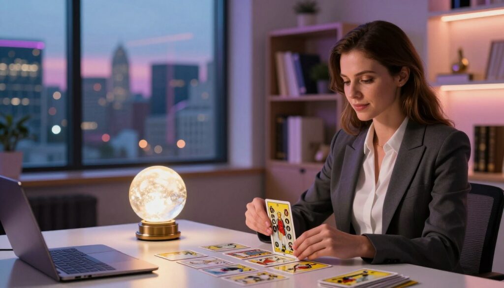 A serene and inviting scene featuring a professional tarot reader in a sleek, modern office environment, adorned with neon accents and dreamcore aesthetics. In the foreground, a well-dressed Caucasian woman, wearing professional business attire, sits at a stylish table, attentively laying out tarot cards, including the Ten of Pentacles prominently displayed. In the middle ground, a soft glow emanates from a glowing crystal ball and an elegant bookshelf filled with business literature. The background showcases a large window, revealing a vibrant city skyline illuminated by the evening lights. The atmosphere is one of hope and prosperity, with warm, inviting lighting that enhances the sense of future success and wealth. The image conveys a blend of professionalism and mysticism, perfect for inspiring confidence in career and business endeavors. A serene and inviting scene featuring a professional tarot reader in a sleek, modern office environment, adorned with neon accents and dreamcore aesthetics. In the foreground, a well-dressed Caucasian woman, wearing professional business attire, sits at a stylish table, attentively laying out tarot cards, including the Ten of Pentacles prominently displayed. In the middle ground, a soft glow emanates from a glowing crystal ball and an elegant bookshelf filled with business literature. The background showcases a large window, revealing a vibrant city skyline illuminated by the evening lights. The atmosphere is one of hope and prosperity, with warm, inviting lighting that enhances the sense of future success and wealth. The image conveys a blend of professionalism and mysticism, perfect for inspiring confidence in career and business endeavors.