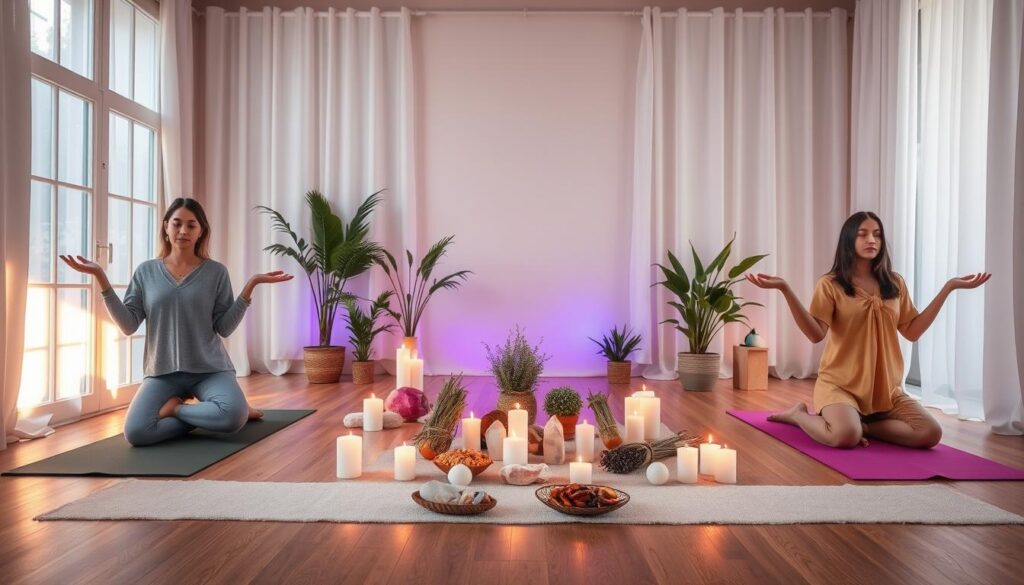 A serene and inviting space dedicated to energy healing fundamentals, featuring a well-lit room with soft, diffused natural light streaming through large windows. In the foreground, a diverse group of three adults in modest, casual clothing practice grounding techniques on yoga mats, each radiating a gentle glow. In the middle, a beautifully arranged setup includes crystals, herbal bundles, and candles, all reflecting vibrant neon colors that suggest healing energy. The background showcases plants and soft, flowing drapes that evoke a calming atmosphere. The overall mood is tranquil yet uplifting, aimed at beginners exploring energy healing concepts, presented in a high-end magazine advertisement style, emphasizing clarity and inspiration. A serene and inviting space dedicated to energy healing fundamentals, featuring a well-lit room with soft, diffused natural light streaming through large windows. In the foreground, a diverse group of three adults in modest, casual clothing practice grounding techniques on yoga mats, each radiating a gentle glow. In the middle, a beautifully arranged setup includes crystals, herbal bundles, and candles, all reflecting vibrant neon colors that suggest healing energy. The background showcases plants and soft, flowing drapes that evoke a calming atmosphere. The overall mood is tranquil yet uplifting, aimed at beginners exploring energy healing concepts, presented in a high-end magazine advertisement style, emphasizing clarity and inspiration.
