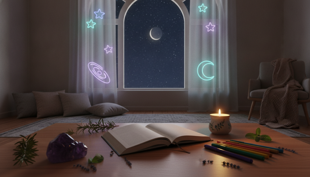 A serene and inviting space for new moon intentions writing practice, featuring a beautifully arranged desk with a journal open to a blank page, colorful pens, and a softly glowing candle. The foreground includes a delicate crystal and fresh herbs scattered around the desk, emphasizing a connection to nature. In the middle background, an ethereal window reveals a starry night sky with a delicate crescent moon, illuminating the space with subtle, soft lighting that creates a cozy atmosphere. The overall mood is calm and introspective, inviting reflection and creativity, with soothing neon colors accentuating the magical feel of the environment. Shot with a wide lens at a warm angle for an inviting perspective.
