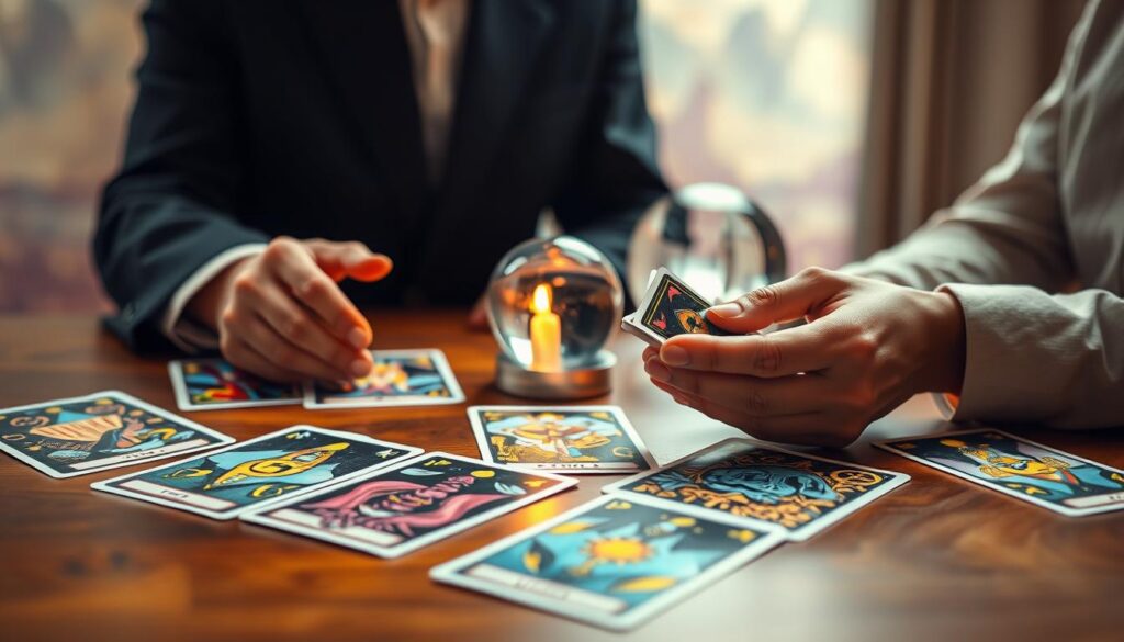 A serene and inviting tarot reading setup, showcasing a wooden table laden with a beautifully illustrated tarot deck featuring vibrant, neon colors. In the foreground, a pair of hands, dressed in professional attire, delicately shuffle the cards, embodying concentration and intention. In the middle, a softly glowing candle flickers, casting warm light on the scene, while a mystical crystal ball glimmers beside the deck, hinting at future possibilities. The background features a softly blurred dreamcore landscape with abstract shapes and ethereal colors, creating a calm and engaging atmosphere. The overall mood is one of clarity, focus, and anticipation, inviting viewers into the enchanting world of tarot for wealth manifestation. The composition should utilize soft, diffused lighting for an elegant effect, captured from a slightly elevated angle to emphasize the details. A serene and inviting tarot reading setup, showcasing a wooden table laden with a beautifully illustrated tarot deck featuring vibrant, neon colors. In the foreground, a pair of hands, dressed in professional attire, delicately shuffle the cards, embodying concentration and intention. In the middle, a softly glowing candle flickers, casting warm light on the scene, while a mystical crystal ball glimmers beside the deck, hinting at future possibilities. The background features a softly blurred dreamcore landscape with abstract shapes and ethereal colors, creating a calm and engaging atmosphere. The overall mood is one of clarity, focus, and anticipation, inviting viewers into the enchanting world of tarot for wealth manifestation. The composition should utilize soft, diffused lighting for an elegant effect, captured from a slightly elevated angle to emphasize the details.