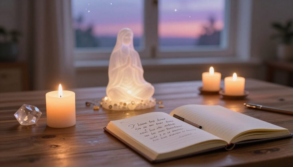 A serene and inviting workspace centered around a large wooden table. Foreground features a lit candle, crystal, and a journal with an open page, displaying a handwritten intention. The middle ground contains an ethereal figure of a spirit guide, softly glowing, guiding the viewer's gaze upward. The background features a soft-focus window with a dreamy, twilight sky and faint stars emerging, creating a mystical atmosphere. Utilize warm and inviting lighting with neon accents highlighting the items on the table. Capture this scene from a slightly elevated angle, providing depth and focus on the act of setting intention, evoking feelings of calm, clarity, and purposeful connection. A serene and inviting workspace centered around a large wooden table. Foreground features a lit candle, crystal, and a journal with an open page, displaying a handwritten intention. The middle ground contains an ethereal figure of a spirit guide, softly glowing, guiding the viewer's gaze upward. The background features a soft-focus window with a dreamy, twilight sky and faint stars emerging, creating a mystical atmosphere. Utilize warm and inviting lighting with neon accents highlighting the items on the table. Capture this scene from a slightly elevated angle, providing depth and focus on the act of setting intention, evoking feelings of calm, clarity, and purposeful connection.