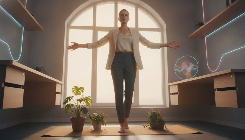 A serene and inviting workspace, featuring a tall, confident Caucasian woman in professional business attire, practicing a release resistance exercise. She stands near a large window, bathed in warm, natural sunlight that creates a soft glow around her. The foreground includes a yoga mat and a few small plants, symbolizing growth and tranquility. In the middle, the woman extends her arms gracefully, embodying a sense of freedom and release, while her expression reflects calm determination. The background showcases a minimalist office space with futuristic elements, incorporating soft neon colors for a touch of dreamcore ambiance. The overall mood is uplifting and motivational, promoting a sense of ease and attracting positive energy. The camera angle captures her from a slight low perspective, emphasizing empowerment and focus. A serene and inviting workspace, featuring a tall, confident Caucasian woman in professional business attire, practicing a release resistance exercise. She stands near a large window, bathed in warm, natural sunlight that creates a soft glow around her. The foreground includes a yoga mat and a few small plants, symbolizing growth and tranquility. In the middle, the woman extends her arms gracefully, embodying a sense of freedom and release, while her expression reflects calm determination. The background showcases a minimalist office space with futuristic elements, incorporating soft neon colors for a touch of dreamcore ambiance. The overall mood is uplifting and motivational, promoting a sense of ease and attracting positive energy. The camera angle captures her from a slight low perspective, emphasizing empowerment and focus.
