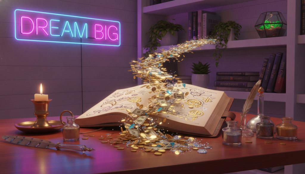 A serene and inviting workspace, featuring an open journal filled with luxurious gold and silver scripting on its pages, capturing the essence of personal wealth. In the foreground, a polished wooden desk displays elegant writing tools, shimmering ink bottles, and a softly glowing candle. In the middle ground, an abstract representation of wealth, such as cascading coins and shimmering dollar bills, beautifully melds with the pages of the journal, symbolizing abundance. The background features a tasteful shelf filled with motivational books and lush greenery, illuminated by warm, ambient lighting to create a tranquil atmosphere. The color palette is rich with dreamcore neon hues, evoking a sense of inspiration and aspiration. The overall mood is motivational and uplifting, inviting viewers to envision their desired financial reality through journaling.