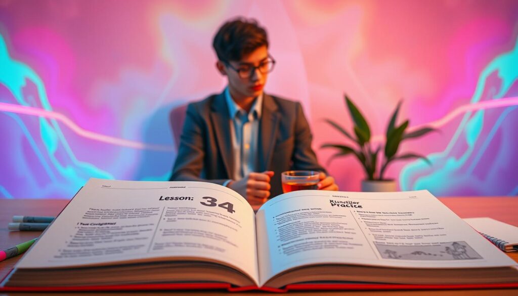 A serene and inviting workspace featuring an open workbook titled "Lesson 34: Peace Practice" in the foreground, illuminated by soft, warm lighting. The pages are filled with beautifully designed prompts and pastel-colored illustrations that evoke tranquility and mindfulness. In the middle ground, a stylish young adult, dressed in professional yet modest attire, is thoughtfully engaging with the workbook, surrounded by a few scattered highlighters and a cup of herbal tea. The background showcases a vibrant, dreamcore-inspired aesthetic with abstract neon colors and gentle geometric shapes, creating a peaceful yet stimulating atmosphere. The overall mood is introspective, encouraging a sense of calm and clarity, ideal for mind-shifting practices. A serene and inviting workspace featuring an open workbook titled "Lesson 34: Peace Practice" in the foreground, illuminated by soft, warm lighting. The pages are filled with beautifully designed prompts and pastel-colored illustrations that evoke tranquility and mindfulness. In the middle ground, a stylish young adult, dressed in professional yet modest attire, is thoughtfully engaging with the workbook, surrounded by a few scattered highlighters and a cup of herbal tea. The background showcases a vibrant, dreamcore-inspired aesthetic with abstract neon colors and gentle geometric shapes, creating a peaceful yet stimulating atmosphere. The overall mood is introspective, encouraging a sense of calm and clarity, ideal for mind-shifting practices.