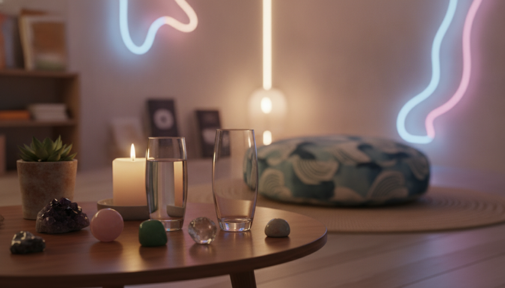 A serene and inviting workspace filled with manifestation practice supplies. In the foreground, two elegant glasses sit on a polished wooden table, one filled with water and the other empty, symbolizing the Two Glass Method. Surrounding the glasses, a neatly arranged collection of colorful crystals, a small plant in a terracotta pot, and a lit white candle add a touch of tranquility. In the middle ground, a soft, plush cushion awaits a seated practitioner, adorned with a soothing patterned fabric. The background features a warm, softly lit room with glowing neon accents, casting a dreamlike atmosphere, enhancing the calming vibe. The overall mood is peaceful and introspective, inviting curiosity and focus. The image is captured with a slight blur effect around the edges to emphasize the supplies, simulating a high-end magazine advertisement style.