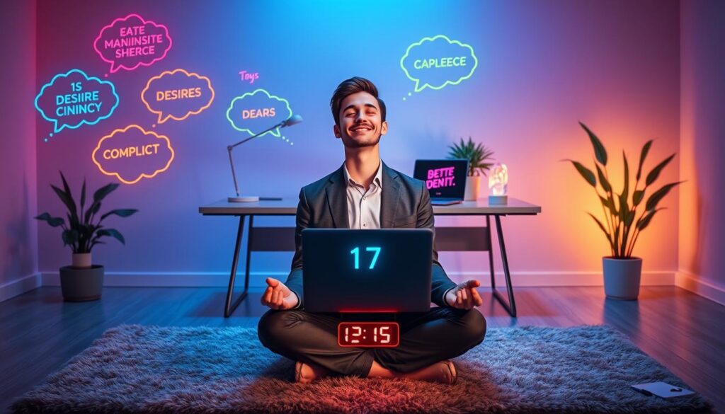 A serene and inviting workspace showcasing the essence of the "17-second rule focused thought practice". In the foreground, a young adult in professional business attire sits cross-legged on a plush rug, eyes closed, meditating with a gentle smile, surrounded by vibrant neon-colored thought bubbles representing various desires and goals. The middle ground features a sleek desk with a laptop displaying a timer set for 17 seconds, accentuated by a calm indoor plant and a glowing crystal, symbolizing clarity and focus. In the background, abstract Dreamcore elements blend softly with cool hues of blue and purple, enriched by warm, diffused lighting that creates an uplifting atmosphere. The composition highlights a sense of tranquility and aspiration, inviting viewers to engage in their own manifestation journey. A serene and inviting workspace showcasing the essence of the "17-second rule focused thought practice". In the foreground, a young adult in professional business attire sits cross-legged on a plush rug, eyes closed, meditating with a gentle smile, surrounded by vibrant neon-colored thought bubbles representing various desires and goals. The middle ground features a sleek desk with a laptop displaying a timer set for 17 seconds, accentuated by a calm indoor plant and a glowing crystal, symbolizing clarity and focus. In the background, abstract Dreamcore elements blend softly with cool hues of blue and purple, enriched by warm, diffused lighting that creates an uplifting atmosphere. The composition highlights a sense of tranquility and aspiration, inviting viewers to engage in their own manifestation journey.
