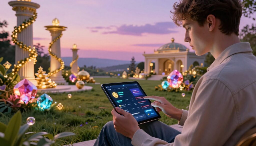 A serene and luxurious financial landscape, where symbols of abundance flourish. In the foreground, a stylishly dressed adult Gen Z individual with Caucasian features reviews an array of glowing investment portfolios on a sleek, modern tablet. In the middle ground, lush greenery and vibrant, neon-colored gems symbolize wealth and prosperity, while graceful golden vines wrap around elegant architectural structures. The background showcases a tranquil sky at twilight, infused with soft pink and purple hues, creating a dreamlike atmosphere. The image is illuminated by warm, ambient lighting that enhances the feeling of stability and luxury. Capture this scene at a slight angle to maintain depth, evoking a mood of calm confidence and steady abundance. A serene and luxurious financial landscape, where symbols of abundance flourish. In the foreground, a stylishly dressed adult Gen Z individual with Caucasian features reviews an array of glowing investment portfolios on a sleek, modern tablet. In the middle ground, lush greenery and vibrant, neon-colored gems symbolize wealth and prosperity, while graceful golden vines wrap around elegant architectural structures. The background showcases a tranquil sky at twilight, infused with soft pink and purple hues, creating a dreamlike atmosphere. The image is illuminated by warm, ambient lighting that enhances the feeling of stability and luxury. Capture this scene at a slight angle to maintain depth, evoking a mood of calm confidence and steady abundance.