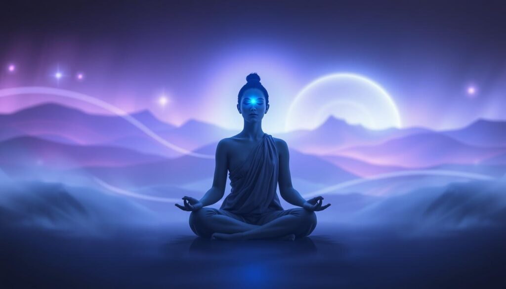 A serene and meditative scene capturing the essence of "Third Eye Chakra Balance." In the foreground, a figure with closed eyes, dressed in modest, flowing attire, is seated in a lotus position, emanating a vibrant indigo glow from the forehead area, symbolizing a balanced third eye chakra. The middle ground features gently swirling energy patterns in shades of purple and blue, reflecting a harmonious connection to spiritual awareness. The background showcases an ethereal landscape infused with dreamcore elements—soft, glowing geometric shapes and abstract neon colors blending together. The lighting is soft and atmospheric, creating a calming effect, with a slight lens blur to emphasize the figure and chakra energy. The mood is tranquil, encouraging introspection and awareness, perfectly encapsulating the balance between an awakened and blocked third eye chakra. A serene and meditative scene capturing the essence of "Third Eye Chakra Balance." In the foreground, a figure with closed eyes, dressed in modest, flowing attire, is seated in a lotus position, emanating a vibrant indigo glow from the forehead area, symbolizing a balanced third eye chakra. The middle ground features gently swirling energy patterns in shades of purple and blue, reflecting a harmonious connection to spiritual awareness. The background showcases an ethereal landscape infused with dreamcore elements—soft, glowing geometric shapes and abstract neon colors blending together. The lighting is soft and atmospheric, creating a calming effect, with a slight lens blur to emphasize the figure and chakra energy. The mood is tranquil, encouraging introspection and awareness, perfectly encapsulating the balance between an awakened and blocked third eye chakra.