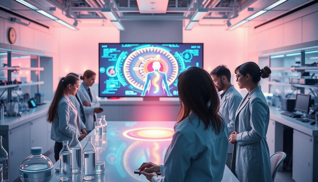 A serene and modern research lab setting focused on energy healing. In the foreground, a diverse group of scientists in professional business attire conducts experiments, examining glowing energy fields around a human silhouette. The middle layer features a large screen displaying colorful, neon data visualizations related to energy healing and chakra systems. The background shows advanced lab equipment and calming lighting, creating a dreamlike atmosphere with soft, ethereal hues. The overall mood is one of curiosity and innovation, with a blend of futuristic design elements. The composition utilizes a wide-angle perspective to capture the collaborative environment, enhancing the sense of discovery and exploration in the field of energy healing research. A serene and modern research lab setting focused on energy healing. In the foreground, a diverse group of scientists in professional business attire conducts experiments, examining glowing energy fields around a human silhouette. The middle layer features a large screen displaying colorful, neon data visualizations related to energy healing and chakra systems. The background shows advanced lab equipment and calming lighting, creating a dreamlike atmosphere with soft, ethereal hues. The overall mood is one of curiosity and innovation, with a blend of futuristic design elements. The composition utilizes a wide-angle perspective to capture the collaborative environment, enhancing the sense of discovery and exploration in the field of energy healing research.
