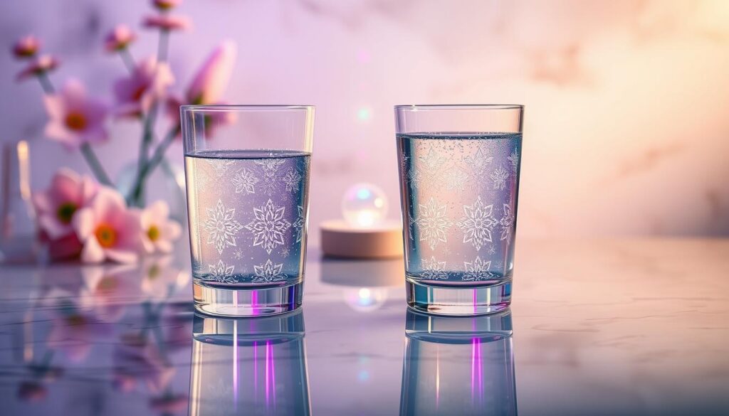 A serene and modern two-glass manifestation ritual scene is set on a reflective marble surface, with two elegantly designed glasses filled with shimmering, clear water, kissed by neon lights in soft purple and teal hues. In the foreground, the glasses sit against a backdrop adorned with ethereal crystals and gentle floral arrangements, highlighting a sense of tranquility and focus. In the middle ground, a subtle glow emanates from floating orbs representing energy, symbolizing the manifestation process. The background features a softly blurred abstract design, enhancing the dreamlike quality of the image. The lighting is soft yet vivid, reminiscent of a high-end magazine advertisement, casting gentle reflections and creating an atmosphere of hopefulness and possibility, appealing to an adult Gen Z audience. A serene and modern two-glass manifestation ritual scene is set on a reflective marble surface, with two elegantly designed glasses filled with shimmering, clear water, kissed by neon lights in soft purple and teal hues. In the foreground, the glasses sit against a backdrop adorned with ethereal crystals and gentle floral arrangements, highlighting a sense of tranquility and focus. In the middle ground, a subtle glow emanates from floating orbs representing energy, symbolizing the manifestation process. The background features a softly blurred abstract design, enhancing the dreamlike quality of the image. The lighting is soft yet vivid, reminiscent of a high-end magazine advertisement, casting gentle reflections and creating an atmosphere of hopefulness and possibility, appealing to an adult Gen Z audience.