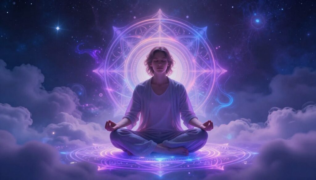 A serene and mystical depiction of the third eye chakra symbol, centered on an ethereal figure meditating in a tranquil lotus pose. The figure, a young Caucasian adult in modest, casual clothing, sits in a soft radiant light, surrounded by neon colors representing energy flow—violet, indigo, and shades of blue. In the foreground, intricate mandala patterns softly glow, symbolizing inner awareness and spiritual connection. The middle ground features lush, gently swirling clouds and hints of sparkling stars, creating a dreamlike atmosphere. The background fades into deep cosmic space, with twinkling celestial bodies, enhancing the feeling of expanded consciousness. Use soft, diffused lighting to create a calming, spiritual ambience, capturing the essence of inner peace and enlightenment. Aim for a high-quality aesthetic reminiscent of a high-end magazine advertisement.
