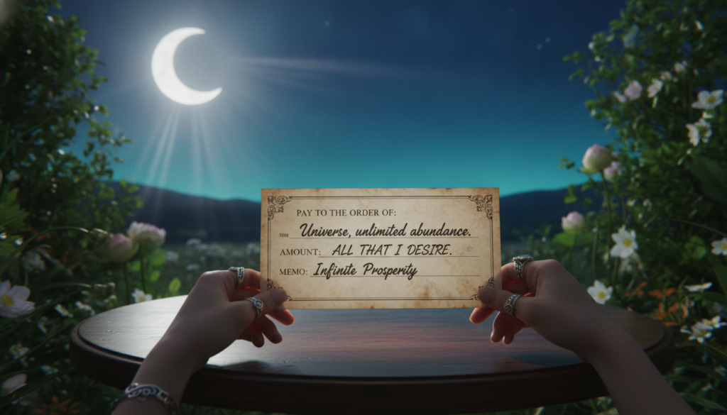 A serene and mystical night sky illuminated by a brilliant new moon, casting soft silver rays over a tranquil landscape. In the foreground, an elegant abundance check rests on a polished wooden table, its surface reflecting the moonlight. A pair of slender, manicured hands, adorned with delicate rings, gently holds the check, symbolizing intention and focus. In the middle ground, lush greenery and blossoming flowers embrace the scene, accentuating a sense of growth and prosperity. In the background, a gentle gradient of neon colors transitions from deep indigo to vibrant teal, creating a dreamlike atmosphere. The lighting is soft and ethereal, evoking a sense of calm and potential. Capture this moment from a slightly elevated angle, emphasizing the connection between the abundance check and the magical moonlit setting. A serene and mystical night sky illuminated by a brilliant new moon, casting soft silver rays over a tranquil landscape. In the foreground, an elegant abundance check rests on a polished wooden table, its surface reflecting the moonlight. A pair of slender, manicured hands, adorned with delicate rings, gently holds the check, symbolizing intention and focus. In the middle ground, lush greenery and blossoming flowers embrace the scene, accentuating a sense of growth and prosperity. In the background, a gentle gradient of neon colors transitions from deep indigo to vibrant teal, creating a dreamlike atmosphere. The lighting is soft and ethereal, evoking a sense of calm and potential. Capture this moment from a slightly elevated angle, emphasizing the connection between the abundance check and the magical moonlit setting.