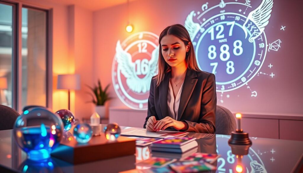 A serene and mystical numerology reading scene set in a softly lit, modern space. Foreground features a stylish table adorned with astrological charts, crystal orbs, and tarot cards, reflecting vibrant neon colors. In the middle ground, a young woman dressed in professional business attire focuses on a large, illuminated numerology chart displaying angel numbers, with a gentle, thoughtful expression. In the background, ethereal, glowing symbols of numbers and constellations float in the air, creating a dreamlike atmosphere. Warm, ambient lighting bathes the scene with a calming glow, suggesting enlightenment and introspection. The overall mood is one of discovery and connection to the universe, ideal for an article exploring the meaning of angel numbers through numerology.