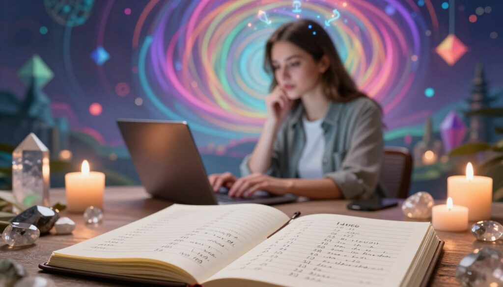 A serene and mystical scene portraying the calculation of a life path number. In the foreground, a close-up of an open journal with handwritten notes and numerical calculations, emphasizing numerology, surrounded by crystal stones and candles casting soft glows. In the middle, a focused young Caucasian woman in smart casual attire, typing on a laptop, her expression thoughtful and engaged, with a faint aura of glowing symbols around her head, representing spiritual insight. The background features a vibrant, dreamlike landscape of swirling neon colors and geometric shapes, reminiscent of digital art, creating a surreal atmosphere. Soft, diffused lighting enhances the mystical feel, with a slightly elevated angle to capture both the subject and the enchanting background, evoking a sense of wonder and introspection. A serene and mystical scene portraying the calculation of a life path number. In the foreground, a close-up of an open journal with handwritten notes and numerical calculations, emphasizing numerology, surrounded by crystal stones and candles casting soft glows. In the middle, a focused young Caucasian woman in smart casual attire, typing on a laptop, her expression thoughtful and engaged, with a faint aura of glowing symbols around her head, representing spiritual insight. The background features a vibrant, dreamlike landscape of swirling neon colors and geometric shapes, reminiscent of digital art, creating a surreal atmosphere. Soft, diffused lighting enhances the mystical feel, with a slightly elevated angle to capture both the subject and the enchanting background, evoking a sense of wonder and introspection.