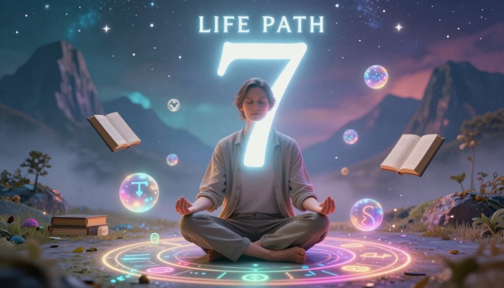 A serene and mystical scene portraying the spiritual gifts of a Life Path Number 7. In the foreground, a Caucasian adult dressed in modest casual clothing sits cross-legged, meditating with a peaceful expression, surrounded by a soft glow of neon colors that emanate from ancient symbols and runes. In the middle ground, whimsical elements like ethereal orbs of light and floating books hover gently, symbolizing wisdom and knowledge. The background features an abstract landscape of dreamlike mountains and stars, reflecting a sense of adventure and exploration. The lighting is soft and luminescent, with a slight magical haze that enhances the ethereal atmosphere. The overall mood is tranquil, inspiring, and introspective, inviting viewers to connect with their inner spirituality and hidden genius. A serene and mystical scene portraying the spiritual gifts of a Life Path Number 7. In the foreground, a Caucasian adult dressed in modest casual clothing sits cross-legged, meditating with a peaceful expression, surrounded by a soft glow of neon colors that emanate from ancient symbols and runes. In the middle ground, whimsical elements like ethereal orbs of light and floating books hover gently, symbolizing wisdom and knowledge. The background features an abstract landscape of dreamlike mountains and stars, reflecting a sense of adventure and exploration. The lighting is soft and luminescent, with a slight magical haze that enhances the ethereal atmosphere. The overall mood is tranquil, inspiring, and introspective, inviting viewers to connect with their inner spirituality and hidden genius.