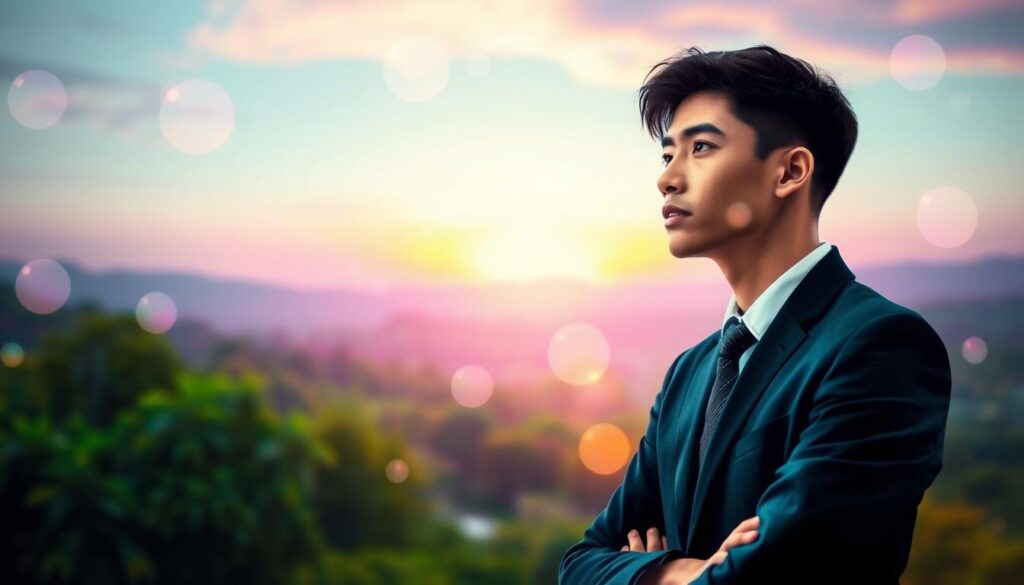 A serene and mystical scene reflecting personal growth under the symbolism of angel number 999. In the foreground, a young adult dressed in professional business attire, gazes thoughtfully into the distance, surrounded by ethereal, glowing orbs representing transformation. The middle ground features a vibrant landscape, with lush greenery transitioning into abstract pastel hues, symbolizing the end of a life cycle and the promise of new beginnings. In the background, a horizon bathed in soft neon colors suggests dawn breaking, lending an air of optimism and renewal. Soft, diffused lighting enhances the dreamlike quality, while a shallow depth of field emphasizes the subject and the orbs. The overall mood is inspirational and uplifting, inviting viewers to reflect on their own paths of personal growth.