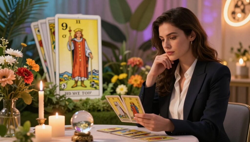 A serene and mystical tarot reading scene focused on the Nine of Cups card, symbolizing dreams and career aspirations. In the foreground, a woman dressed in professional business attire sits at a chic table adorned with candles and crystal ball, deep in thought while examining the tarot cards. The middle ground showcases an elegant deck of tarot cards, prominently featuring the Nine of Cups, surrounded by lush greenery and vibrant flowers, hinting at prosperity and growth. The background features a dreamy, soft-focus environment with warm neon colors illuminating the scene, creating an inviting and inspirational atmosphere. The lighting is soft and ambient, casting gentle shadows that enhance the serenity of the moment. The angle captures the woman’s contemplative expression, lending an air of professionalism and depth to the image. A serene and mystical tarot reading scene focused on the Nine of Cups card, symbolizing dreams and career aspirations. In the foreground, a woman dressed in professional business attire sits at a chic table adorned with candles and crystal ball, deep in thought while examining the tarot cards. The middle ground showcases an elegant deck of tarot cards, prominently featuring the Nine of Cups, surrounded by lush greenery and vibrant flowers, hinting at prosperity and growth. The background features a dreamy, soft-focus environment with warm neon colors illuminating the scene, creating an inviting and inspirational atmosphere. The lighting is soft and ambient, casting gentle shadows that enhance the serenity of the moment. The angle captures the woman’s contemplative expression, lending an air of professionalism and depth to the image.