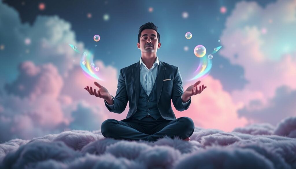 A serene and mystical visualization of the "Whisper Method Manifestation." In the foreground, a confident adult in stylish business attire, sitting cross-legged on a plush, cloud-like surface, is meditating with eyes softly closed. Their hands are gently open, releasing colorful, ethereal whispers that take form as vibrant, neon light streams. In the middle ground, visualize a tranquil, dreamlike landscape filled with soft pastel colors and floating orbs of light, symbolizing thoughts and energy being manifest. The background features an abstract blend of swirling neon clouds, creating an enchanting environment that suggests an expansive universe. Use soft, ambient lighting to give the scene a calming yet vibrant atmosphere, emphasizing a sense of focus and tranquility. The angle should be slightly elevated to capture both the peaceful meditation and the magical, flowing energy around the subject. A serene and mystical visualization of the "Whisper Method Manifestation." In the foreground, a confident adult in stylish business attire, sitting cross-legged on a plush, cloud-like surface, is meditating with eyes softly closed. Their hands are gently open, releasing colorful, ethereal whispers that take form as vibrant, neon light streams. In the middle ground, visualize a tranquil, dreamlike landscape filled with soft pastel colors and floating orbs of light, symbolizing thoughts and energy being manifest. The background features an abstract blend of swirling neon clouds, creating an enchanting environment that suggests an expansive universe. Use soft, ambient lighting to give the scene a calming yet vibrant atmosphere, emphasizing a sense of focus and tranquility. The angle should be slightly elevated to capture both the peaceful meditation and the magical, flowing energy around the subject.