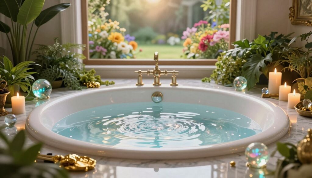 A serene and opulent scene depicting a spiritual bath for wealth, featuring an elegantly designed bathtub filled with shimmering, crystal-clear water. Surrounding the tub, lush green plants and fragrant candles create a calming atmosphere. In the foreground, a rich tapestry of golden accents reflects abundance, while glowing crystal orbs float gently above, casting soft neon lights. The middle ground showcases a marble floor that glistens with reflections. In the background, a soft-focus window reveals a tranquil garden filled with vibrant flowers, illuminated by warm sunlight. The mood is tranquil yet aspirational, suggesting prosperity. The composition is meticulously balanced, photographed from a low angle to emphasize the elegance of the bath and its surroundings, evoking a sense of serenity and wealth in a dreamlike, high-end magazine style.