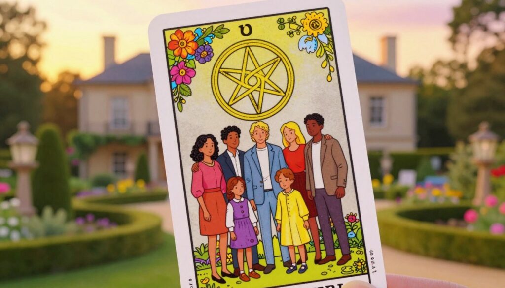 A serene and opulent tarot card design representing the Ten of Pentacles, centered on themes of legacy and family stability. In the foreground, an elegantly illustrated family of diverse backgrounds, dressed in professional attire, stands together, symbolizing unity and support. The middle section showcases the iconic pentacle symbol, adorned with intricate floral motifs, representing wealth and abundance. In the background, a majestic estate with lush gardens sprawls under a warm, golden sunset, casting a soft, inviting glow across the scene. Employ a dreamcore aesthetic with vibrant neon colors, blending realism with abstract elements. The atmosphere is uplifting and rich, conveying a sense of prosperity and lasting heritage, captured through an angled lens that emphasizes depth and harmony in composition. A serene and opulent tarot card design representing the Ten of Pentacles, centered on themes of legacy and family stability. In the foreground, an elegantly illustrated family of diverse backgrounds, dressed in professional attire, stands together, symbolizing unity and support. The middle section showcases the iconic pentacle symbol, adorned with intricate floral motifs, representing wealth and abundance. In the background, a majestic estate with lush gardens sprawls under a warm, golden sunset, casting a soft, inviting glow across the scene. Employ a dreamcore aesthetic with vibrant neon colors, blending realism with abstract elements. The atmosphere is uplifting and rich, conveying a sense of prosperity and lasting heritage, captured through an angled lens that emphasizes depth and harmony in composition.