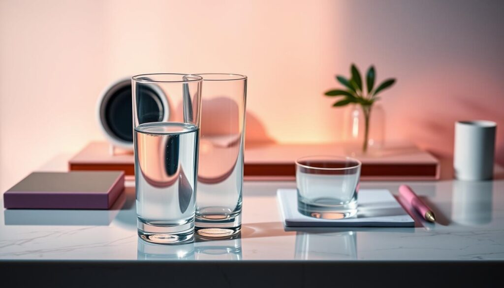 A serene and organized workspace featuring two elegant glass practice supplies—a tall glass filled with clear water and a smaller glass for notes—set against a softly illuminated background. The foreground showcases the glasses prominently, reflecting gentle neon hues that evoke a Dreamcore aesthetic, enhancing the calm ambiance. In the middle, a stylish marble desk holds the glasses, complemented by minimalistic stationery arranged neatly. The background contains hints of abstract shapes in pastel shades, creating a subtle atmosphere of creativity and mindfulness. The lighting is warm and inviting, casting soft shadows that add depth, while the overall mood is tranquil and empowering, perfect for manifestation practices. A serene and organized workspace featuring two elegant glass practice supplies—a tall glass filled with clear water and a smaller glass for notes—set against a softly illuminated background. The foreground showcases the glasses prominently, reflecting gentle neon hues that evoke a Dreamcore aesthetic, enhancing the calm ambiance. In the middle, a stylish marble desk holds the glasses, complemented by minimalistic stationery arranged neatly. The background contains hints of abstract shapes in pastel shades, creating a subtle atmosphere of creativity and mindfulness. The lighting is warm and inviting, casting soft shadows that add depth, while the overall mood is tranquil and empowering, perfect for manifestation practices.