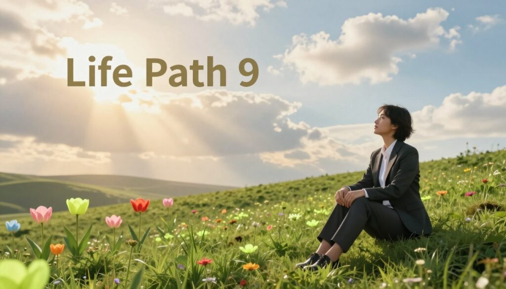 A serene and reflective landscape representing the emotional energy of Life Path 9. In the foreground, a figure in professional business attire sits peacefully on a lush green hill, gazing thoughtfully into the distance, embodying compassion and wisdom. In the middle ground, vibrant flowers in neon colors bloom, symbolizing renewal and growth, while soft rays of golden sunlight filter through light, creating a warm, inviting atmosphere. In the background, a vast sky filled with gentle clouds hints at new beginnings and possibilities. The scene captures a sense of hope and emotional depth, evoking a dreamlike quality that aligns with the themes of transformation and endings leading to new journeys. The composition has a high-end magazine advertisement feel, with a focus on clarity and beauty, evoking a sense of calm and inspiration. A serene and reflective landscape representing the emotional energy of Life Path 9. In the foreground, a figure in professional business attire sits peacefully on a lush green hill, gazing thoughtfully into the distance, embodying compassion and wisdom. In the middle ground, vibrant flowers in neon colors bloom, symbolizing renewal and growth, while soft rays of golden sunlight filter through light, creating a warm, inviting atmosphere. In the background, a vast sky filled with gentle clouds hints at new beginnings and possibilities. The scene captures a sense of hope and emotional depth, evoking a dreamlike quality that aligns with the themes of transformation and endings leading to new journeys. The composition has a high-end magazine advertisement feel, with a focus on clarity and beauty, evoking a sense of calm and inspiration.