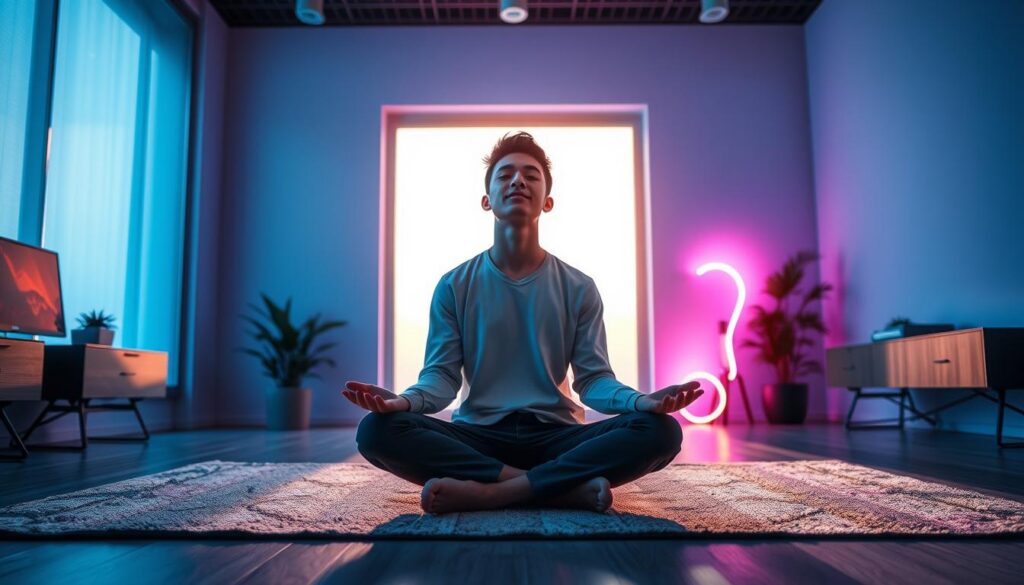 A serene and thought-provoking scene depicting a young adult in a modern, stylish office space, practicing a reality mindset visualization exercise. In the foreground, a person in smart casual attire is seated cross-legged on a sleek, contemporary rug, eyes closed, with a gentle expression of focus and hope. The middle ground features a large window with soft, diffused morning light streaming in, casting a warm glow across the room. In the background, ethereal dreamcore elements like soft neon lights subtly illuminate abstract shapes, creating a sense of cosmic energy and potential. The atmosphere is tranquil and inspiring, encouraging a sense of calm and introspection. The overall color palette includes soothing blues and vibrant purples, enhancing the dreamlike quality while reflecting a modern, high-end aesthetic. A serene and thought-provoking scene depicting a young adult in a modern, stylish office space, practicing a reality mindset visualization exercise. In the foreground, a person in smart casual attire is seated cross-legged on a sleek, contemporary rug, eyes closed, with a gentle expression of focus and hope. The middle ground features a large window with soft, diffused morning light streaming in, casting a warm glow across the room. In the background, ethereal dreamcore elements like soft neon lights subtly illuminate abstract shapes, creating a sense of cosmic energy and potential. The atmosphere is tranquil and inspiring, encouraging a sense of calm and introspection. The overall color palette includes soothing blues and vibrant purples, enhancing the dreamlike quality while reflecting a modern, high-end aesthetic.