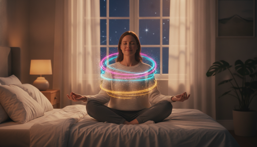 A serene and tranquil bedroom scene representing the "SATS manifestation method." In the foreground, a peaceful figure of a Caucasian adult dressed in comfortable, smart-casual attire sits cross-legged on a plush bed, eyes gently closed, embodying a state of deep relaxation. The middle layer features soft, dreamlike swirls of neon colors, symbolizing thoughts and intentions merging into reality. The background includes a softly lit window with sheer curtains, casting a gentle glow that enhances the cozy atmosphere, accented with faint stars twinkling outside. The overall mood is enchanting and peaceful, evoking a sense of calm and focus ideal for manifestation. Play with warm and cool lighting to create depth, capturing a high-end magazine advertisement style that appeals to an adult Gen Z audience.