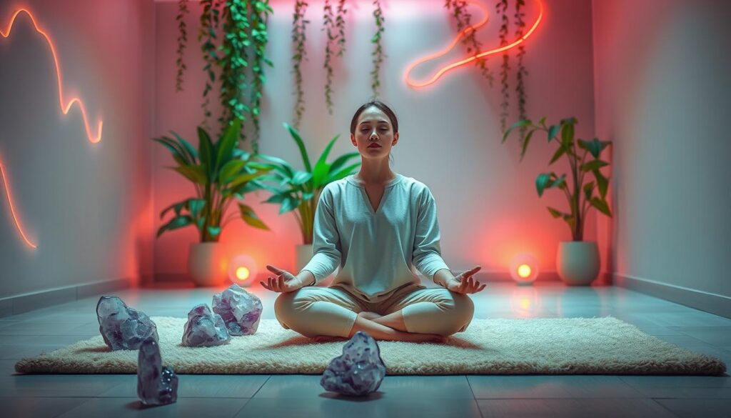 A serene and tranquil indoor meditation space, bathed in soft, soothing light with glowing hues of amethyst and gentle pastel colors. In the foreground, a person dressed in modest, casual clothing sits comfortably crossed-legged on a plush, textured mat, eyes gently closed, embodying deep peace and inner calm. Surrounding them are an arrangement of polished amethyst crystals that catch the light beautifully, radiating calming energy. In the middle background, lush green plants cascade elegantly, enhancing the sense of natural serenity. The walls are decorated with abstract, dreamlike patterns in hints of neon colors that evoke a meditative ambiance. The lighting is soft and dreamlike, creating a warm and inviting atmosphere reminiscent of a high-end magazine advertisement. The overall mood is one of tranquility, encouraging a deep sense of relaxation and mindfulness. A serene and tranquil indoor meditation space, bathed in soft, soothing light with glowing hues of amethyst and gentle pastel colors. In the foreground, a person dressed in modest, casual clothing sits comfortably crossed-legged on a plush, textured mat, eyes gently closed, embodying deep peace and inner calm. Surrounding them are an arrangement of polished amethyst crystals that catch the light beautifully, radiating calming energy. In the middle background, lush green plants cascade elegantly, enhancing the sense of natural serenity. The walls are decorated with abstract, dreamlike patterns in hints of neon colors that evoke a meditative ambiance. The lighting is soft and dreamlike, creating a warm and inviting atmosphere reminiscent of a high-end magazine advertisement. The overall mood is one of tranquility, encouraging a deep sense of relaxation and mindfulness.