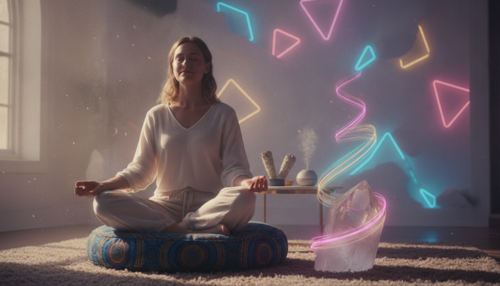 A serene and tranquil scene depicting a manifestation meditation space. In the foreground, a young Caucasian woman in comfortable, modest clothing sits cross-legged on a vibrant, plush meditation cushion, her eyes gently closed, radiating calm and focus. In the middle, a softly glowing, oversized crystal sits beside her, with colorful, swirling light emanating from it, symbolizing energy and intention. The background features a softly lit room with dreamcore elements, including abstract neon shapes softly illuminated, creating a mystical and inspiring atmosphere. Warm, natural light filters through a window, highlighting the scene and enhancing the mood of mindfulness and clarity. The overall atmosphere is peaceful, inviting viewers to visualize their goals and aspirations through meditation. A serene and tranquil scene depicting a manifestation meditation space. In the foreground, a young Caucasian woman in comfortable, modest clothing sits cross-legged on a vibrant, plush meditation cushion, her eyes gently closed, radiating calm and focus. In the middle, a softly glowing, oversized crystal sits beside her, with colorful, swirling light emanating from it, symbolizing energy and intention. The background features a softly lit room with dreamcore elements, including abstract neon shapes softly illuminated, creating a mystical and inspiring atmosphere. Warm, natural light filters through a window, highlighting the scene and enhancing the mood of mindfulness and clarity. The overall atmosphere is peaceful, inviting viewers to visualize their goals and aspirations through meditation.