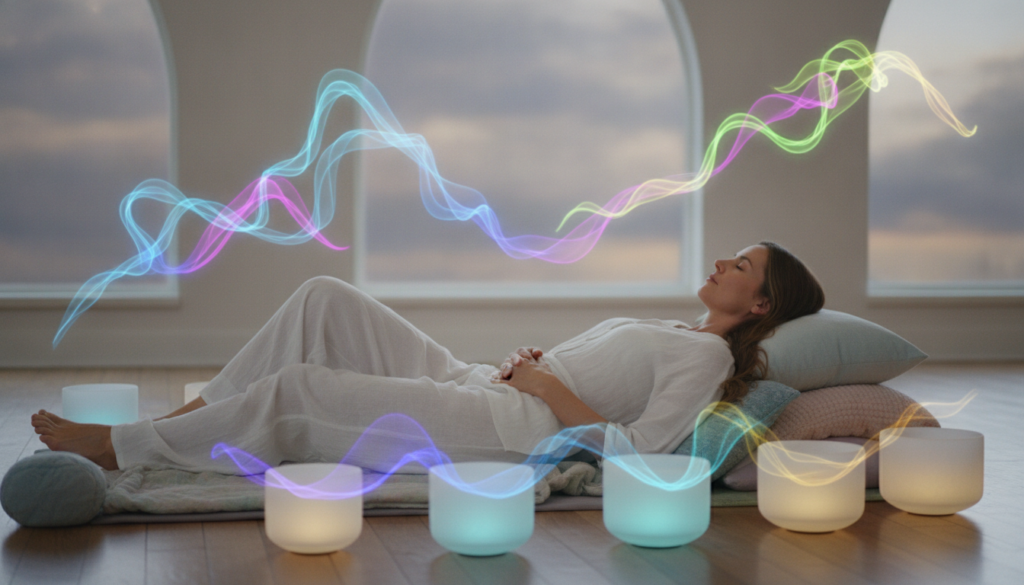 A serene and tranquil scene depicting a sleep meditation and sound bath setting. In the foreground, a cozy mat is laid out, with soft pillows and blankets in calming pastel hues. A Caucasian woman in modest casual clothing is reclining, eyes closed, surrounded by harmonious sound bowls emitting gentle waves of colors. In the middle ground, ethereal light emanates from the bowls, casting a soft, inviting glow. Ambient light filters through large windows in the background, where dreamlike, abstract shapes in neon colors subtly blend. The atmosphere is peaceful and soothing, evoking a sense of relaxation and mindfulness, perfect for promoting restful sleep. The image is captured with a shallow depth of field, emphasizing the woman in the foreground while gently blurring the background details for a serene focus. A serene and tranquil scene depicting a sleep meditation and sound bath setting. In the foreground, a cozy mat is laid out, with soft pillows and blankets in calming pastel hues. A Caucasian woman in modest casual clothing is reclining, eyes closed, surrounded by harmonious sound bowls emitting gentle waves of colors. In the middle ground, ethereal light emanates from the bowls, casting a soft, inviting glow. Ambient light filters through large windows in the background, where dreamlike, abstract shapes in neon colors subtly blend. The atmosphere is peaceful and soothing, evoking a sense of relaxation and mindfulness, perfect for promoting restful sleep. The image is captured with a shallow depth of field, emphasizing the woman in the foreground while gently blurring the background details for a serene focus.
