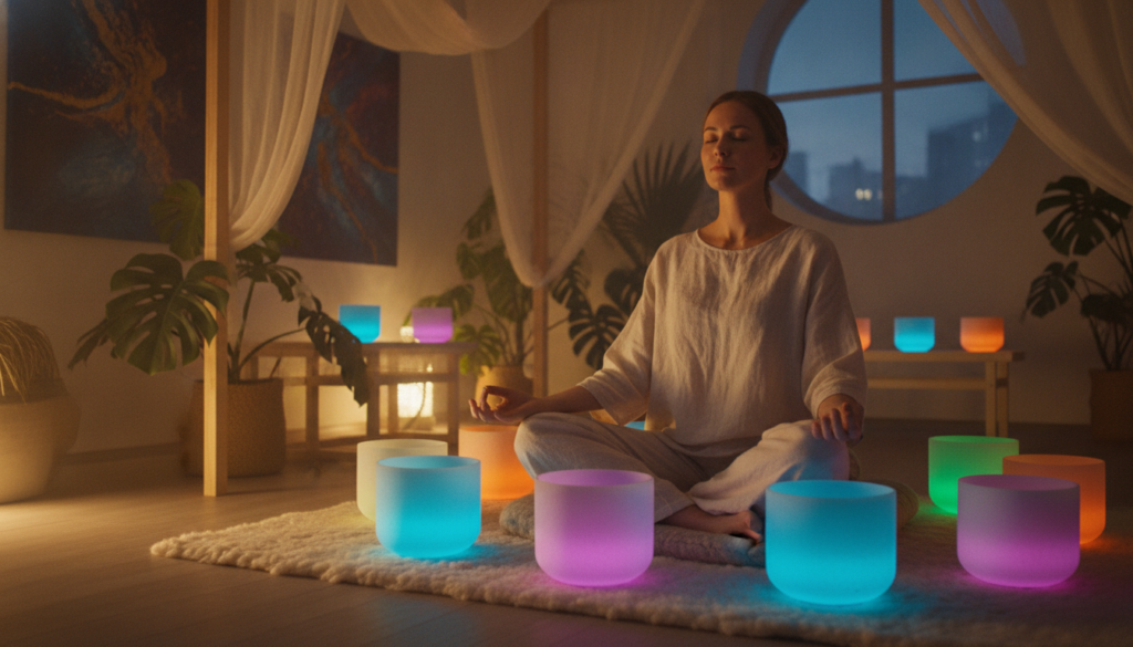 A serene and tranquil sound bath scene with a young Caucasian woman seated calmly on a plush mat, surrounded by glowing crystal singing bowls in vibrant neon colors. In the foreground, soft, warm lighting casts gentle shadows, emphasizing the woman’s peaceful expression as she closes her eyes, absorbed in the sound. The middle ground features lush indoor plants and ethereal, flowing fabrics that create a cozy atmosphere. In the background, a softly lit room with abstract artwork adds to the dreamlike quality, suggesting a space for emotional healing. The overall mood is one of relaxation and emotional well-being, inviting viewers to experience the calming benefits of sound baths. The composition is shot at a slight angle to give depth, and the colors are rich yet soothing to enhance the vibe of tranquility and mindfulness. A serene and tranquil sound bath scene with a young Caucasian woman seated calmly on a plush mat, surrounded by glowing crystal singing bowls in vibrant neon colors. In the foreground, soft, warm lighting casts gentle shadows, emphasizing the woman’s peaceful expression as she closes her eyes, absorbed in the sound. The middle ground features lush indoor plants and ethereal, flowing fabrics that create a cozy atmosphere. In the background, a softly lit room with abstract artwork adds to the dreamlike quality, suggesting a space for emotional healing. The overall mood is one of relaxation and emotional well-being, inviting viewers to experience the calming benefits of sound baths. The composition is shot at a slight angle to give depth, and the colors are rich yet soothing to enhance the vibe of tranquility and mindfulness.